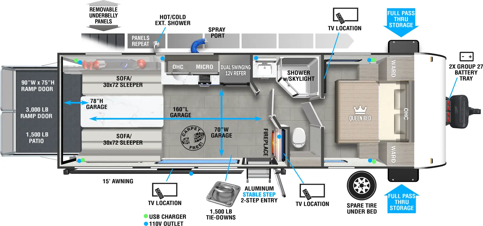 The 260RTK has zero slideouts and one entry. Exterior features removeable underbelly panels, optional solar extended 200W solar package, spray port, hot/cold exterior shower, front pass through storage, 15 foot awning, outside TV, aluminum stable step 3-step entry, spare tire winch system, front 2X group 27 battery tray, and rear ramp door. Interior layout front to back: carpet-free RV; queen bed with overhead cabinet, wardrobes on each side, and TV on wall at foot of bed; pass through full bathroom with skylight in shower; off-door side dual swinging 12V refrigerator, kitchen counter with cooktop and sink, microwave, and overhead cabinet; door side TV and fireplace along inner wall, and entry; rear opposing sofa/sleepers with overhead cabinet on off-door side. Garage dimensions: 81 inches garage height; 160 inches from ramp door to bathroom wall, 70 inches from door side wall to kitchen counter; 1,500 lb. tie-downs, 3,000 lb 90 inch x 75 inch rear ramp door with 1,500 lb. patio capacity.